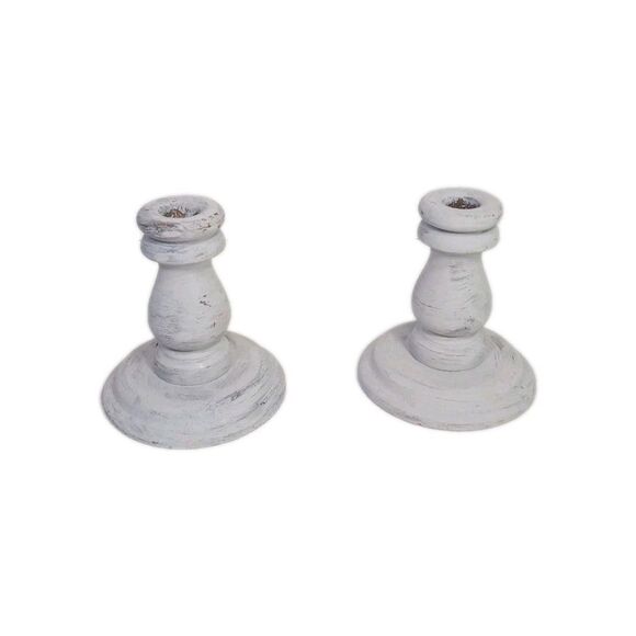 Primitive 5" Wood Candlesticks Set of 2 Rustic Farmhouse Decor Distressed Gray - Picture 1 of 4